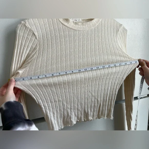 CLEARANCE Women’s Ribbed Cream Colored Long Sleeve Lettuce Trim Shirt - Picture 4 of 6